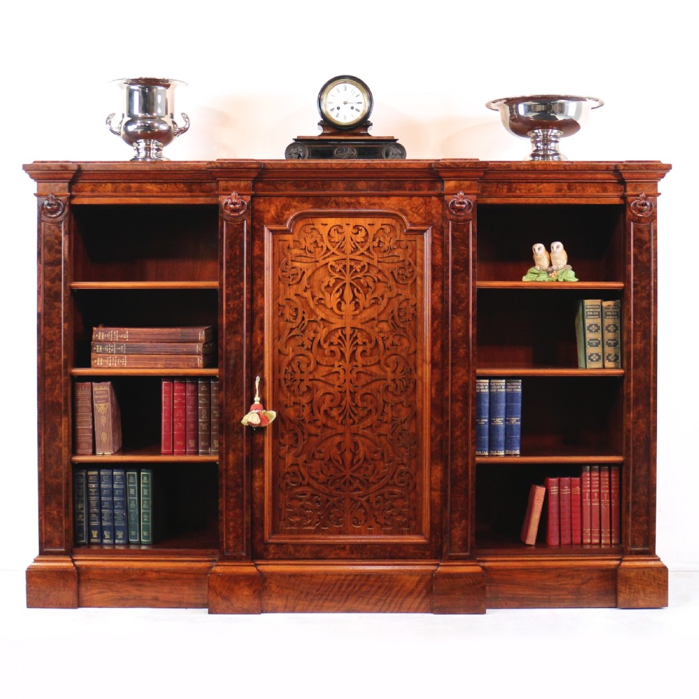 Victorian Burr Walnut Breakfront Bookcase / Side Cabinet View IV