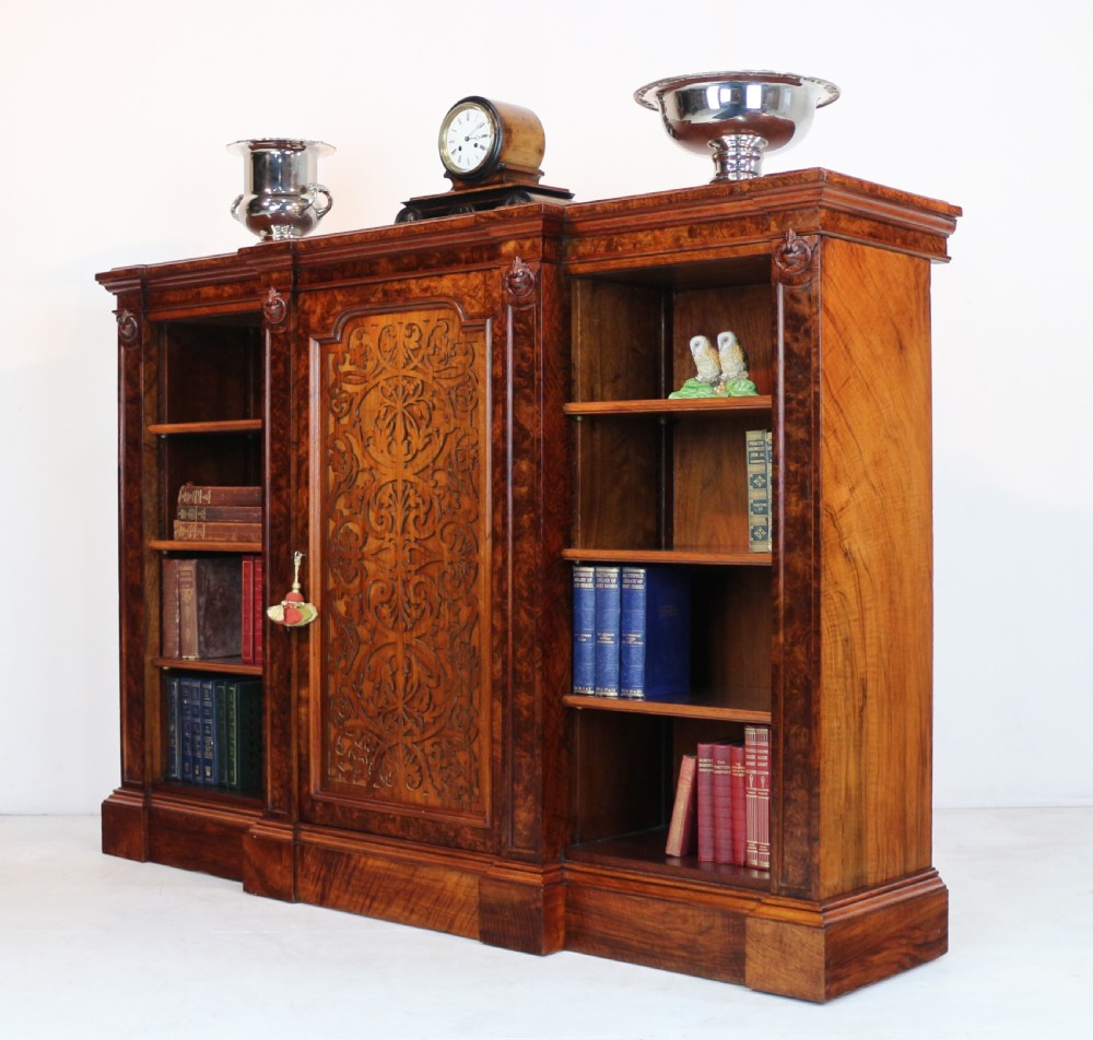 Victorian Burr Walnut Breakfront Bookcase / Side Cabinet View II