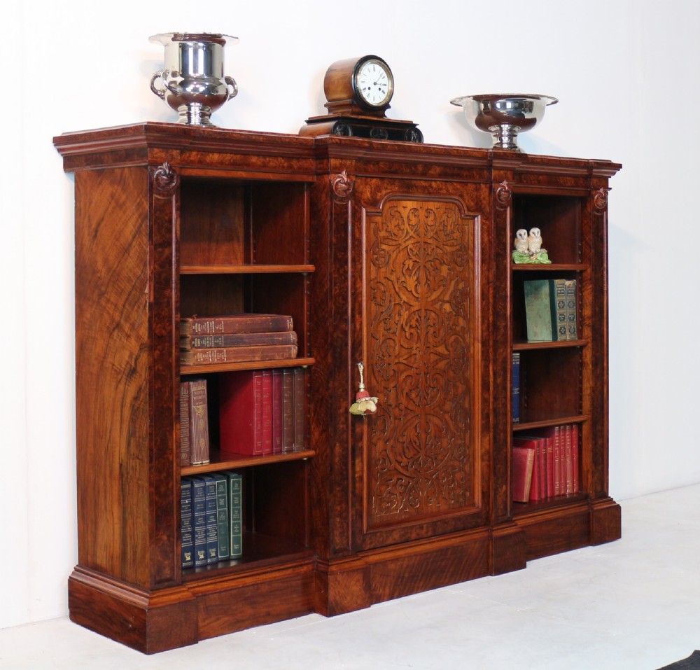 Victorian Burr Walnut Breakfront Bookcase / Side Cabinet View III