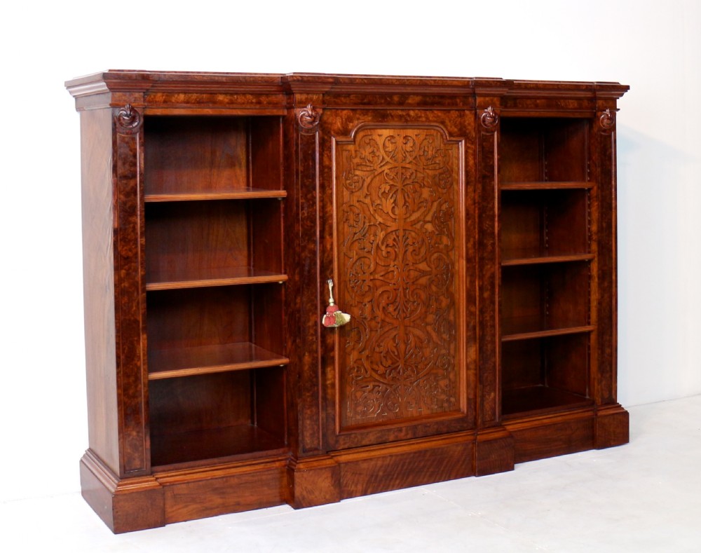 Victorian Burr Walnut Breakfront Bookcase / Side Cabinet