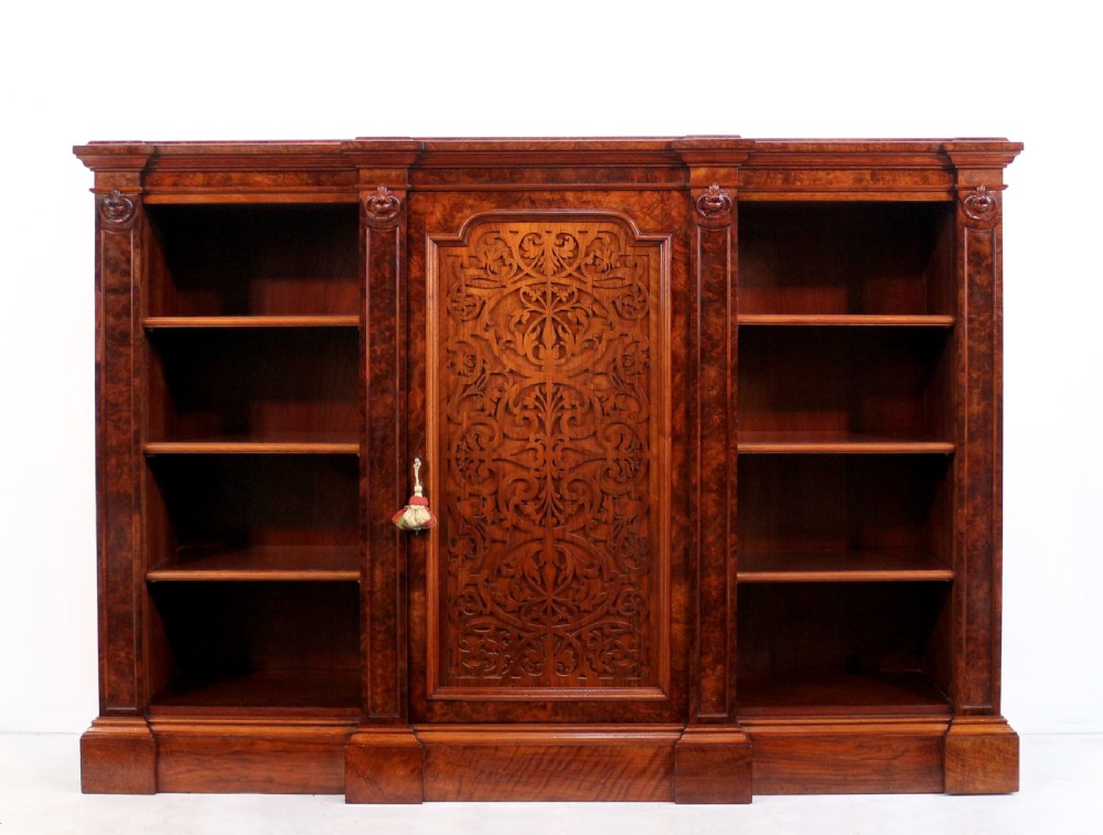 Victorian Burr Walnut Breakfront Bookcase / Side Cabinet View V