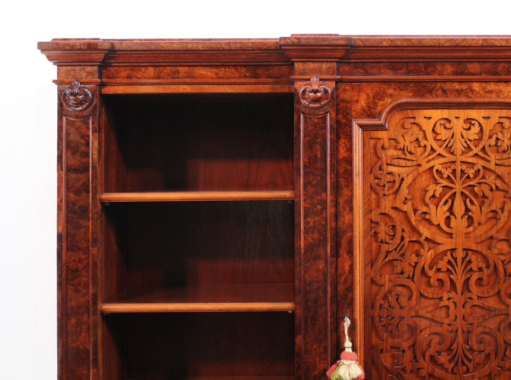 Victorian Burr Walnut Breakfront Bookcase / Side Cabinet View VI