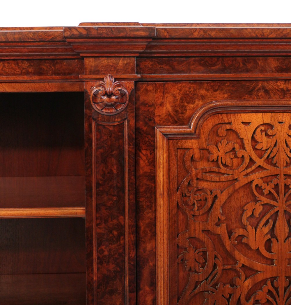 Victorian Burr Walnut Breakfront Bookcase / Side Cabinet View XII