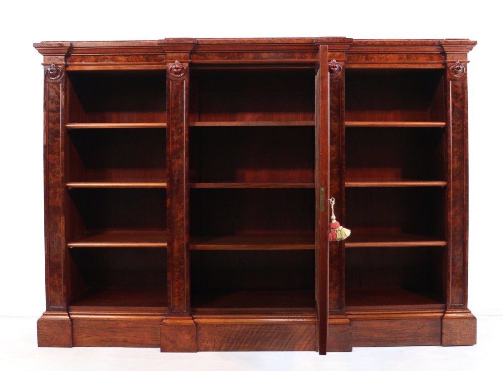 Victorian Burr Walnut Breakfront Bookcase / Side Cabinet View XX