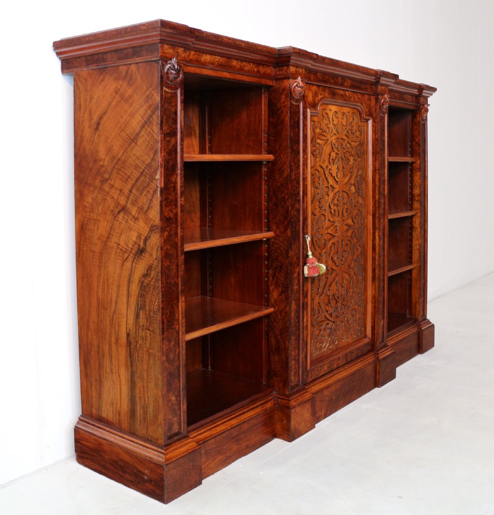 Victorian Burr Walnut Breakfront Bookcase / Side Cabinet View XXI