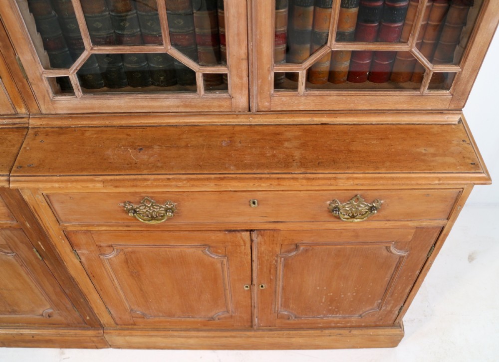 A large George III Chippendale period double bookcase crafted in natural pine, featuring astragal glazed upper doors topped with urn finials and lower panelled cupboards. View XIX