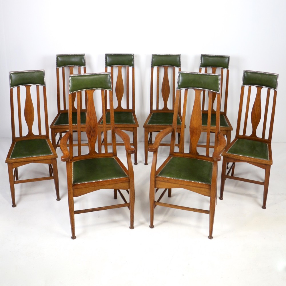 Set of 8 Arts & Crafts Oak Dining Chairs Attributed to E A Taylor, Wyllie & Lochhead
