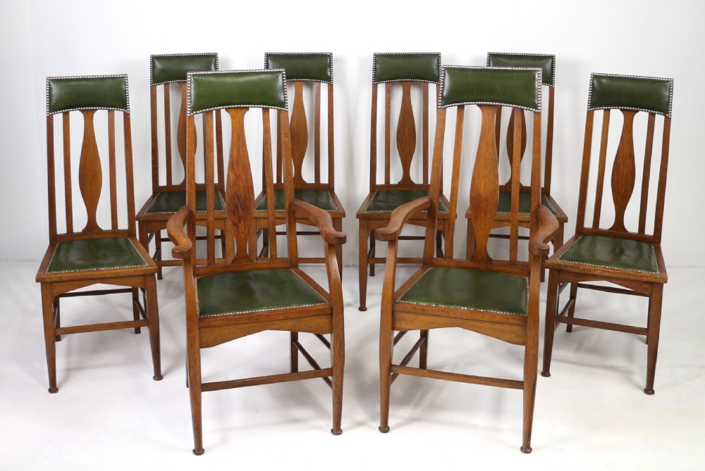 Set of 8 Arts & Crafts Oak Dining Chairs Attributed to E A Taylor, Wyllie & Lochhead View II
