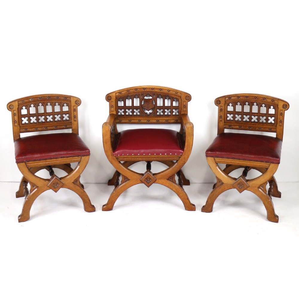 Set of three 19th Century Pugin style Gothic Revival Altar or Hall Chairs