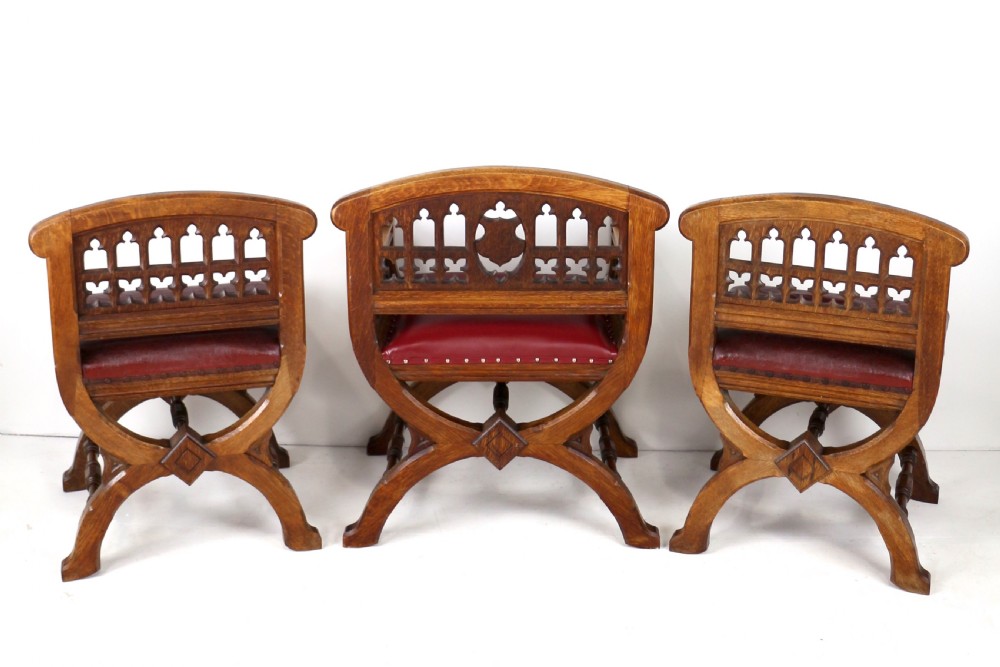 Set of three 19th Century Pugin style Gothic Revival Altar or Hall Chairs View II