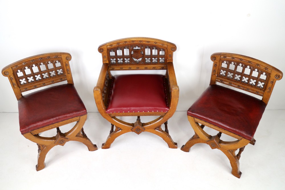 Set of three 19th Century Pugin style Gothic Revival Altar or Hall Chairs View III