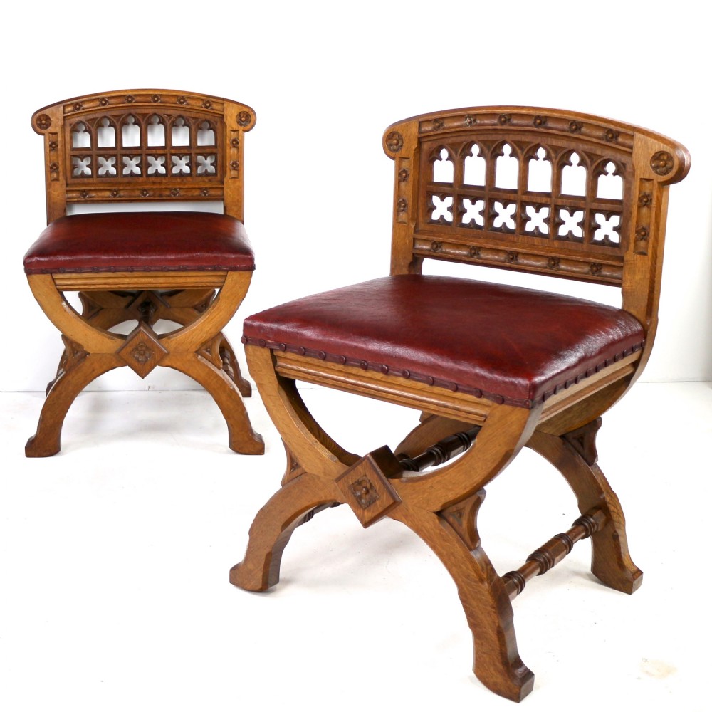 Set of three 19th Century Pugin style Gothic Revival Altar or Hall Chairs View IV