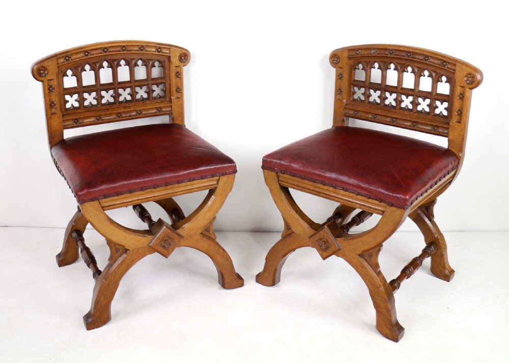 Set of three 19th Century Pugin style Gothic Revival Altar or Hall Chairs View V