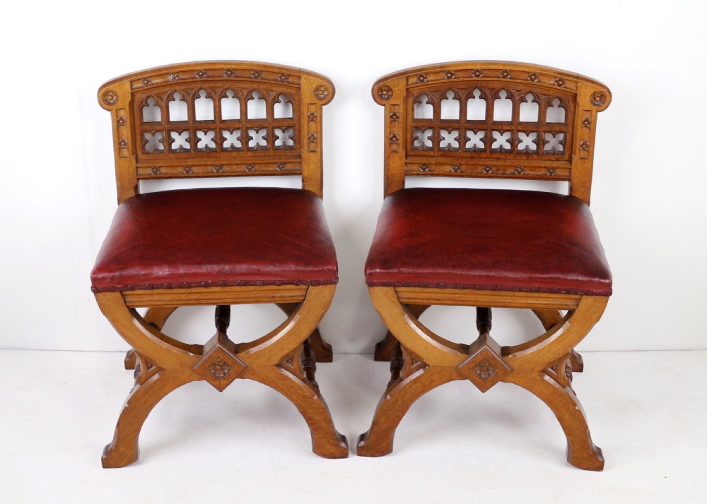 Set of three 19th Century Pugin style Gothic Revival Altar or Hall Chairs View VI