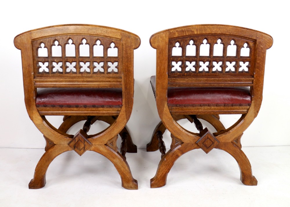 Set of three 19th Century Pugin style Gothic Revival Altar or Hall Chairs View VII