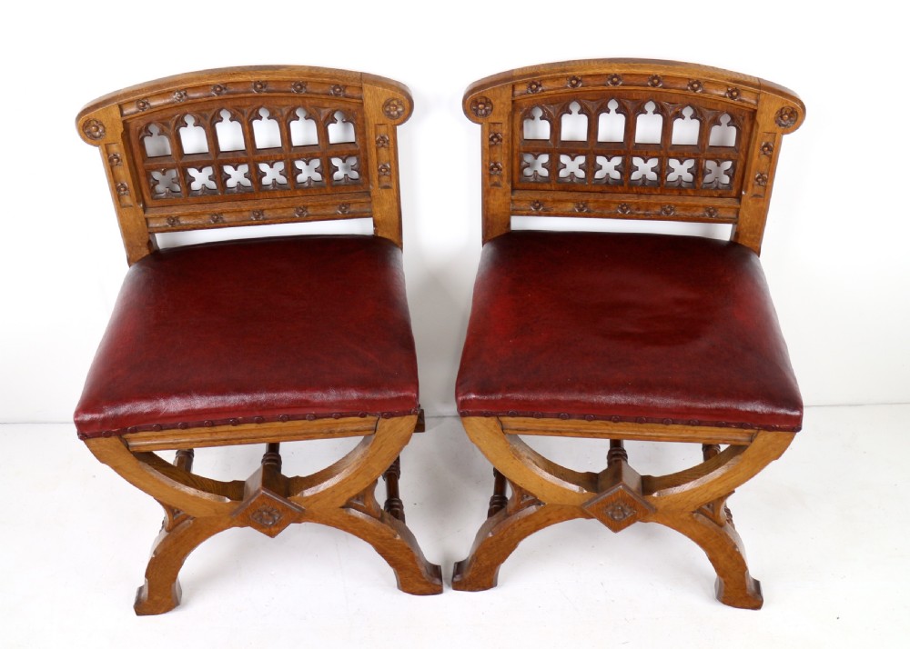 Set of three 19th Century Pugin style Gothic Revival Altar or Hall Chairs View VIII