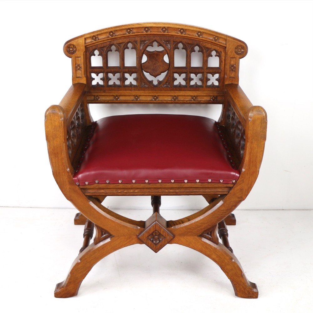 Set of three 19th Century Pugin style Gothic Revival Altar or Hall Chairs View IX