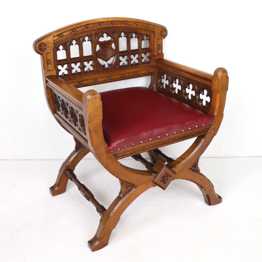 Set of three 19th Century Pugin style Gothic Revival Altar or Hall Chairs View X