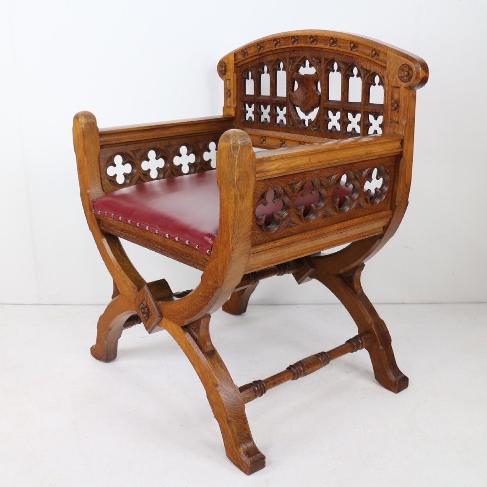 Set of three 19th Century Pugin style Gothic Revival Altar or Hall Chairs View XI