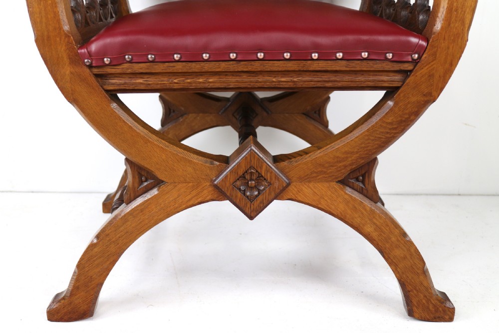 Set of three 19th Century Pugin style Gothic Revival Altar or Hall Chairs View XV