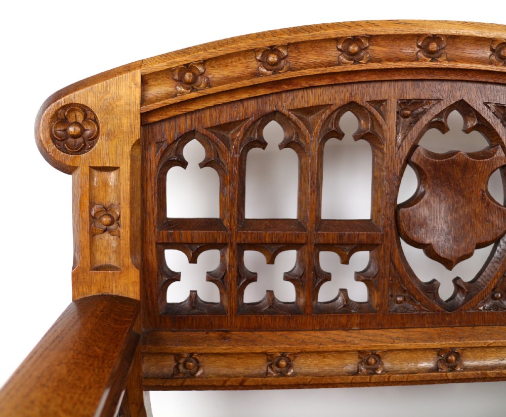 Set of three 19th Century Pugin style Gothic Revival Altar or Hall Chairs View XVI