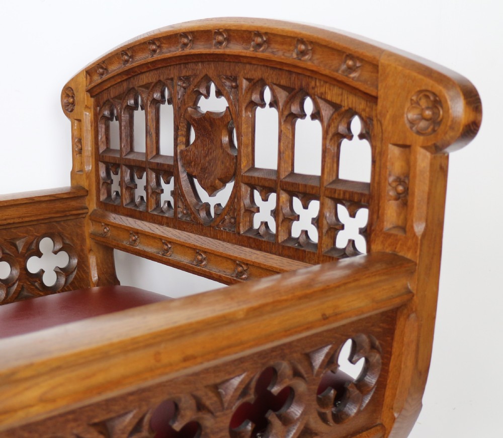Set of three 19th Century Pugin style Gothic Revival Altar or Hall Chairs View XVIII