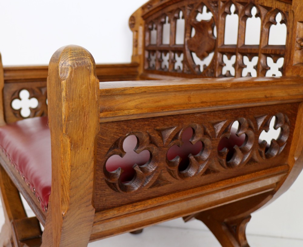 Set of three 19th Century Pugin style Gothic Revival Altar or Hall Chairs View XX