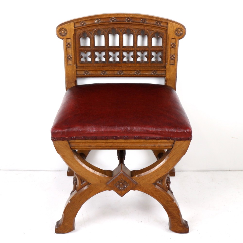 Set of three 19th Century Pugin style Gothic Revival Altar or Hall Chairs View XXII