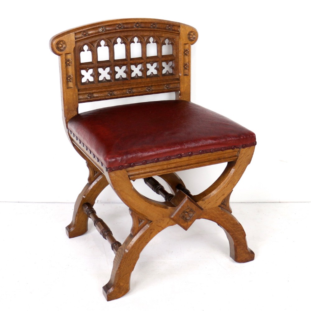 Set of three 19th Century Pugin style Gothic Revival Altar or Hall Chairs View XXIII