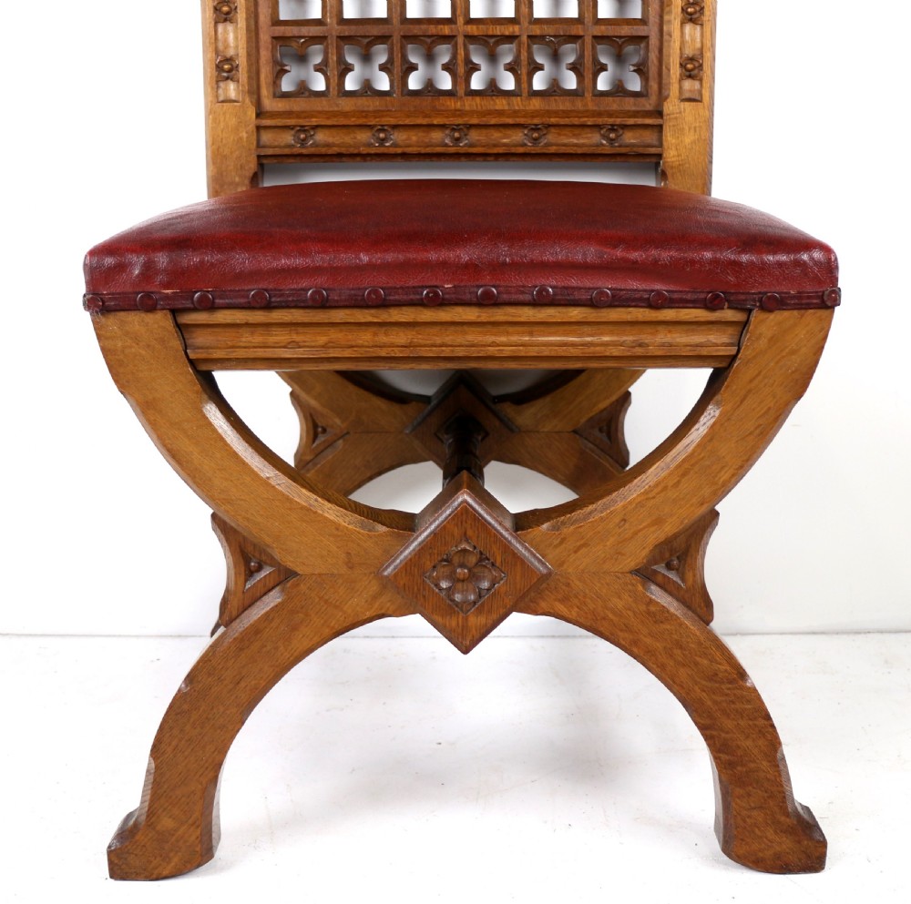 Set of three 19th Century Pugin style Gothic Revival Altar or Hall Chairs View XXVII