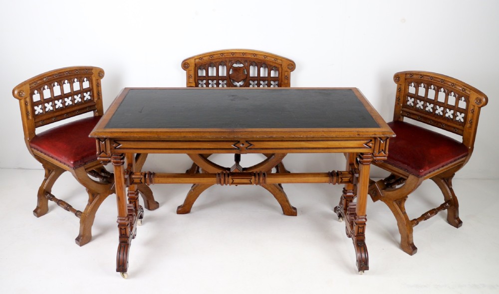Set of three 19th Century Pugin style Gothic Revival Altar or Hall Chairs View XXX
