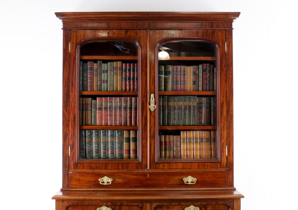 An early Victorian mahogany bookcase featuring an upper glazed section with two arched doors and a lower cupboard base with two drawers. View VII
