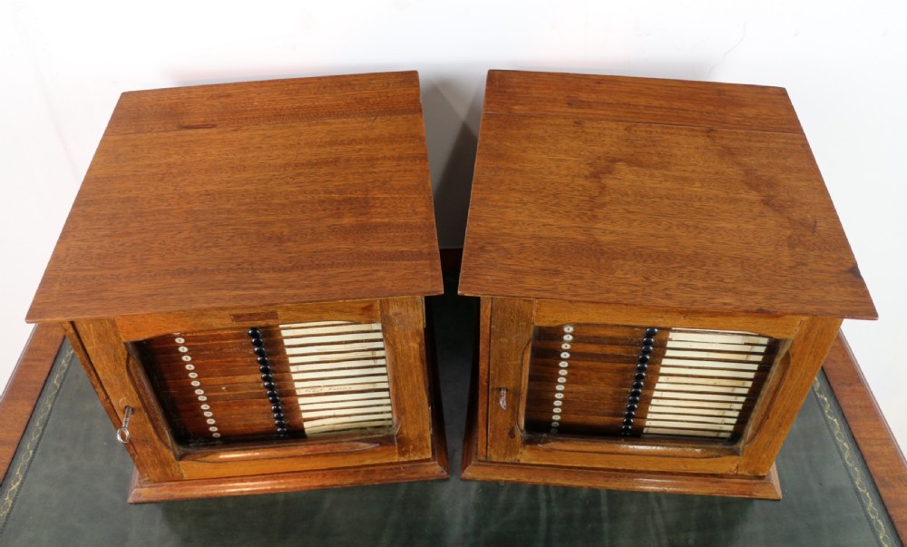 A pair of late nineteenth-century walnut microscope slide cabinets featuring glazed doors revealing shallow numbered drawers. View VII