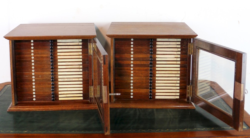 A pair of late nineteenth-century walnut microscope slide cabinets featuring glazed doors revealing shallow numbered drawers. View IX