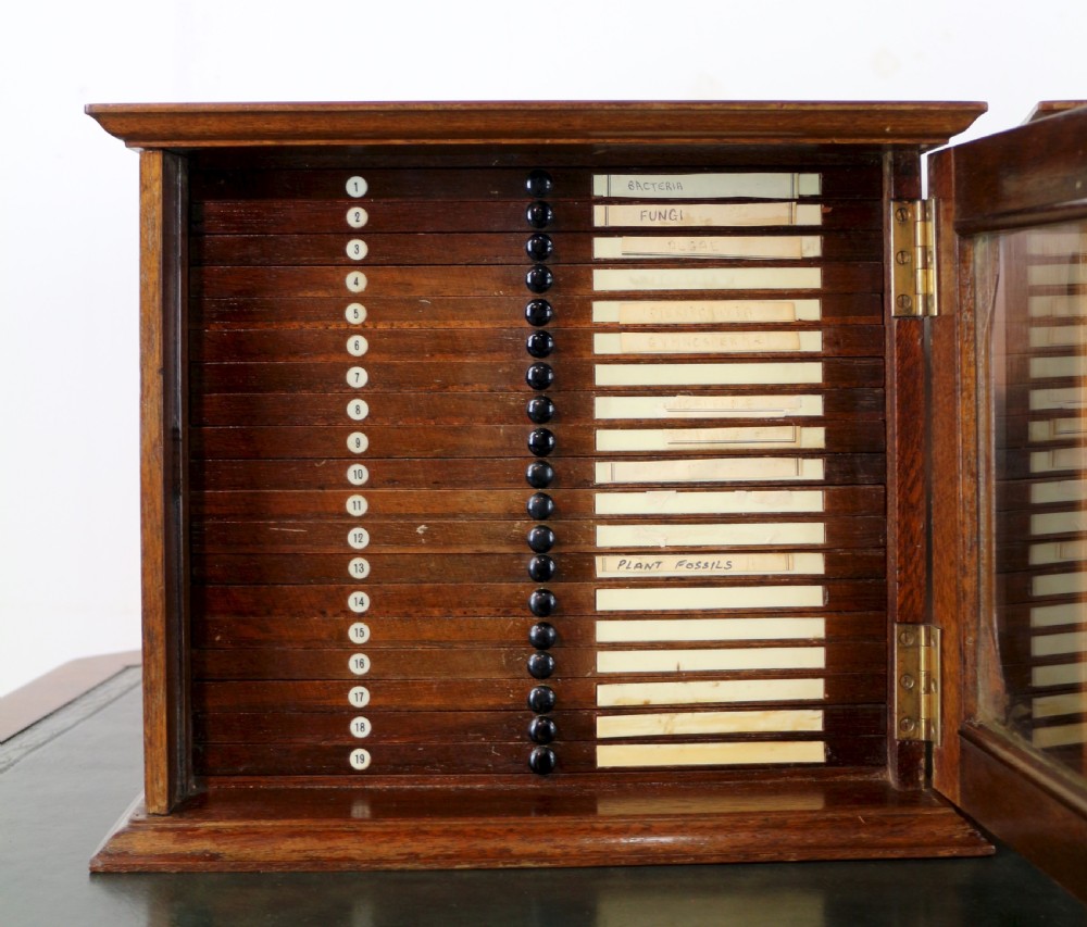 A pair of late nineteenth-century walnut microscope slide cabinets featuring glazed doors revealing shallow numbered drawers. View XI