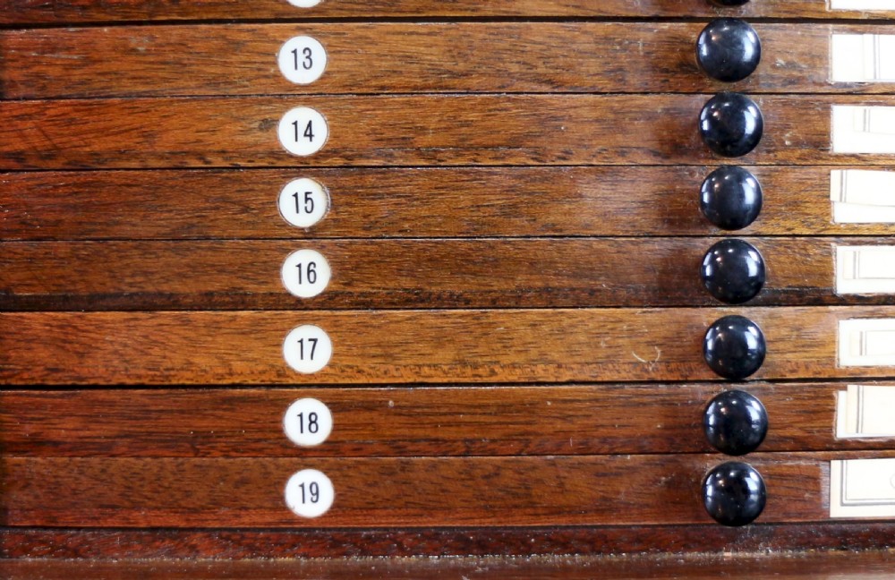 A pair of late nineteenth-century walnut microscope slide cabinets featuring glazed doors revealing shallow numbered drawers. View XVIII