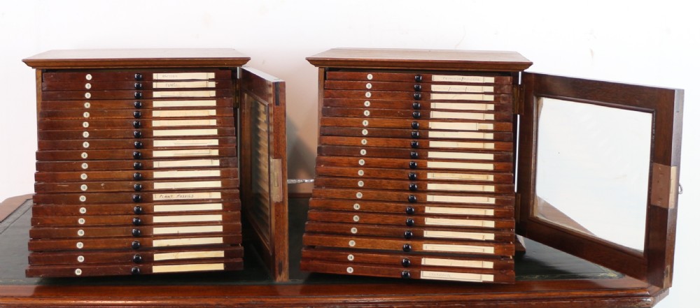 A pair of late nineteenth-century walnut microscope slide cabinets featuring glazed doors revealing shallow numbered drawers. View XX