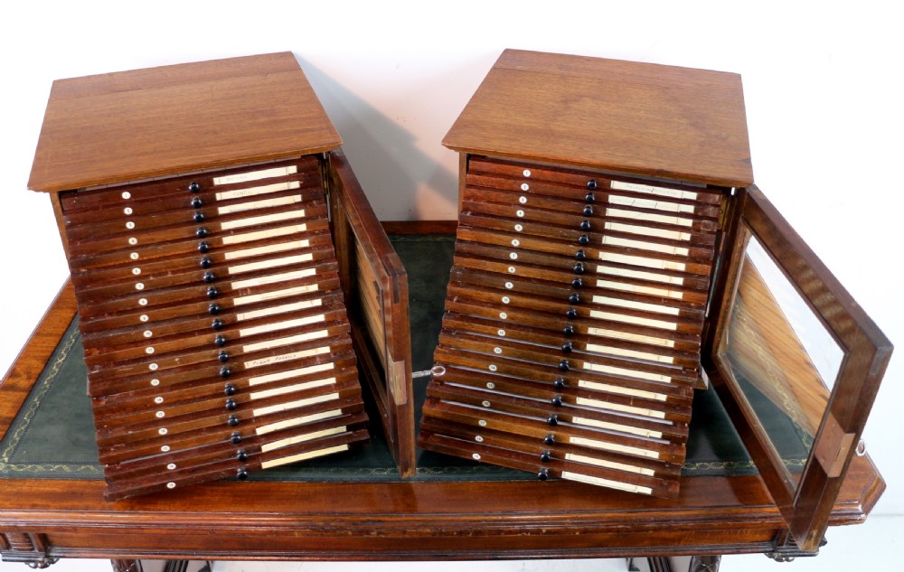 A pair of late nineteenth-century walnut microscope slide cabinets featuring glazed doors revealing shallow numbered drawers. View XXI