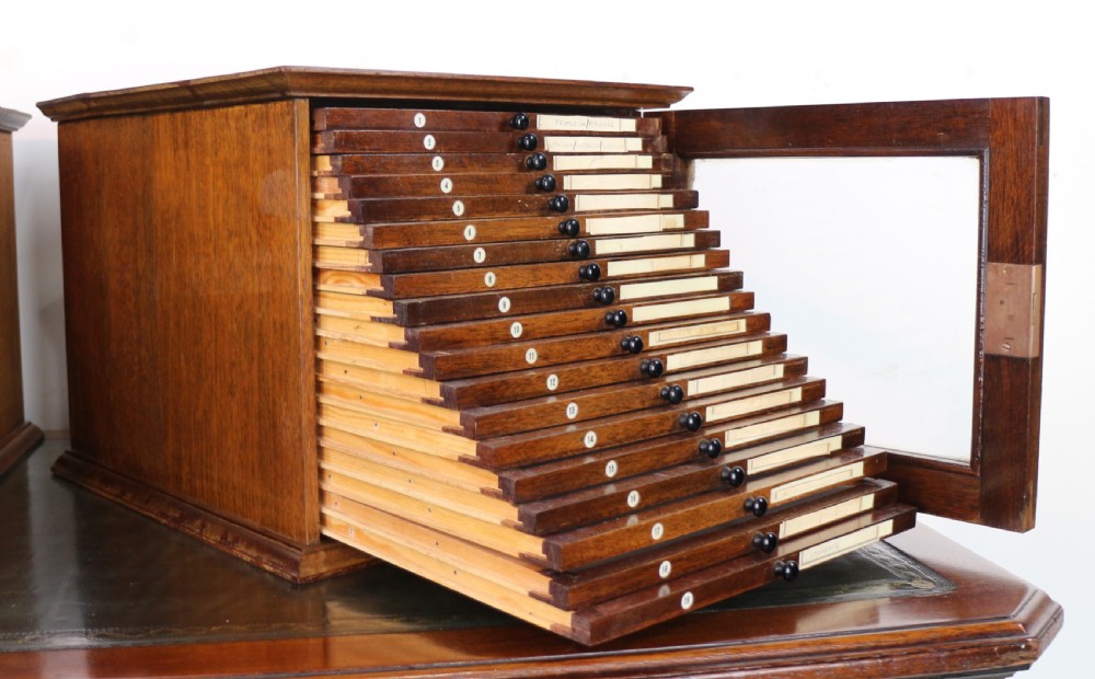A pair of late nineteenth-century walnut microscope slide cabinets featuring glazed doors revealing shallow numbered drawers. View XXIV