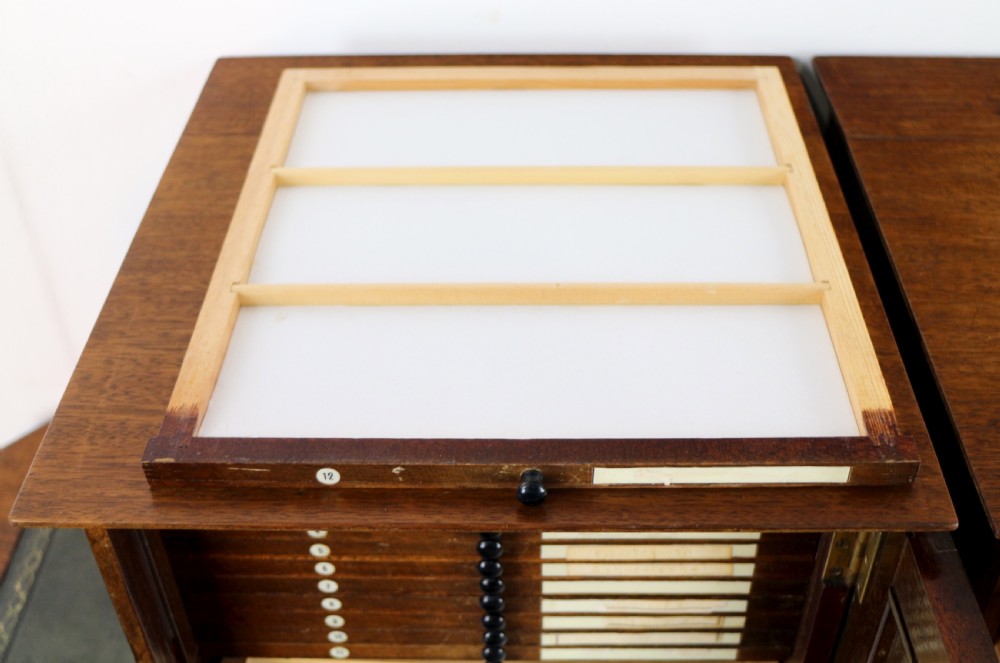 A pair of late nineteenth-century walnut microscope slide cabinets featuring glazed doors revealing shallow numbered drawers. View XXVII