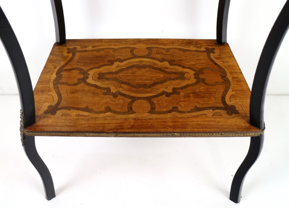 A late 19th-century French Napoleon III work table featuring floral marquetry inlays, ebonised legs, a single lockable drawer, and a lower shelf with brass mouldings. View IX