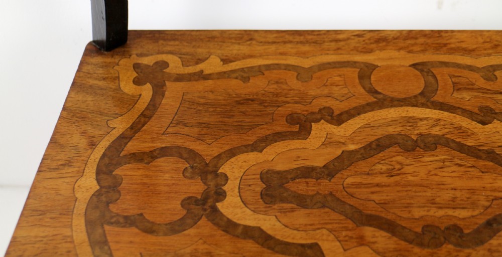 A late 19th-century French Napoleon III work table featuring floral marquetry inlays, ebonised legs, a single lockable drawer, and a lower shelf with brass mouldings. View XI