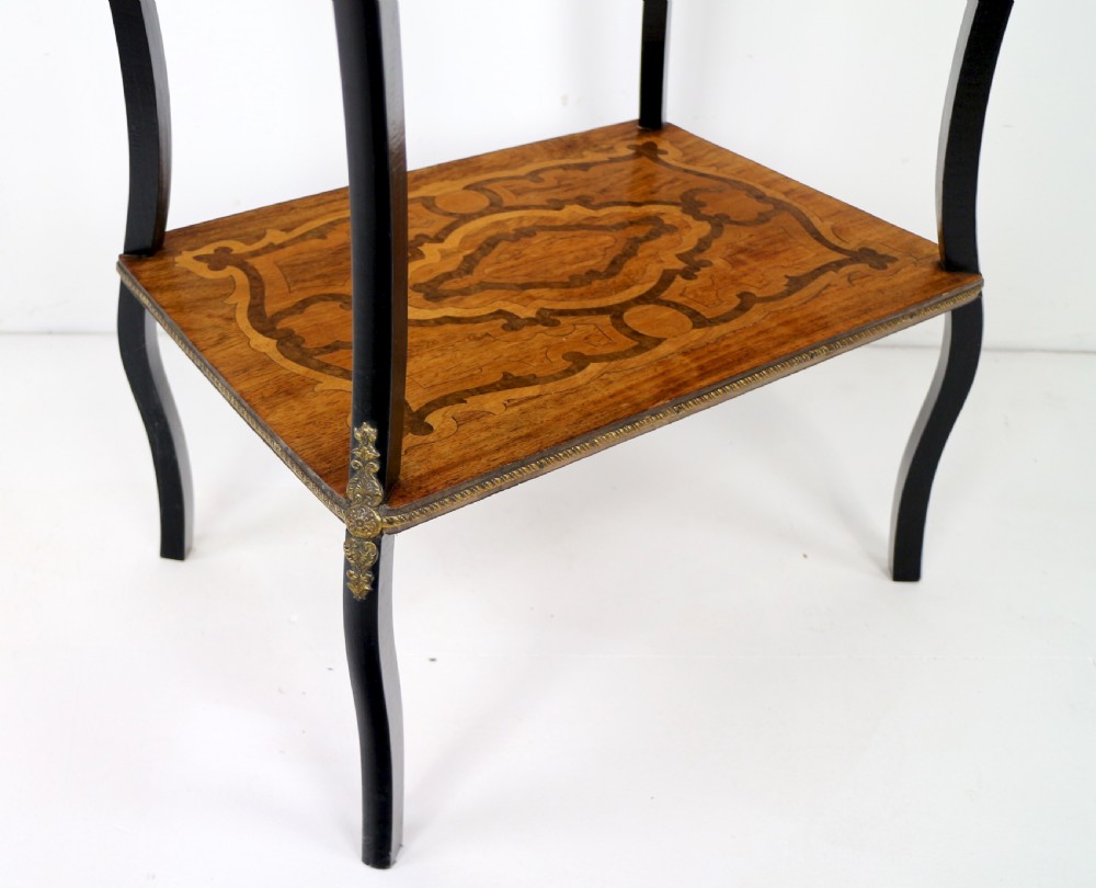 A late 19th-century French Napoleon III work table featuring floral marquetry inlays, ebonised legs, a single lockable drawer, and a lower shelf with brass mouldings. View XIII