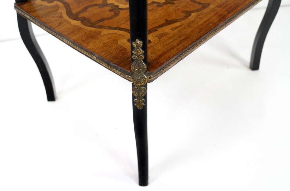 A late 19th-century French Napoleon III work table featuring floral marquetry inlays, ebonised legs, a single lockable drawer, and a lower shelf with brass mouldings. View XIV