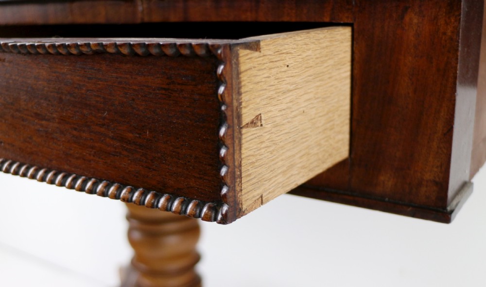 A Regency mahogany drop-leaf sofa table with frieze drawers, turned pedestal, reeded quadrupod legs, and brass castors. View XXIII