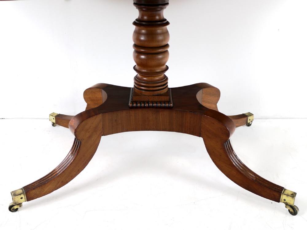 A Regency mahogany drop-leaf sofa table with frieze drawers, turned pedestal, reeded quadrupod legs, and brass castors. View XXIV