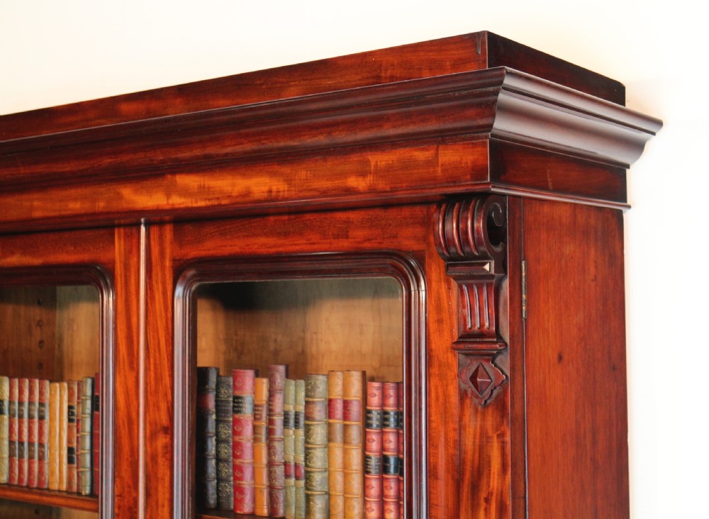 A tall William IV Cuban mahogany bookcase featuring a glazed two-door upper section with shelving above a two-door panelled cupboard base with carved side corbels. View X