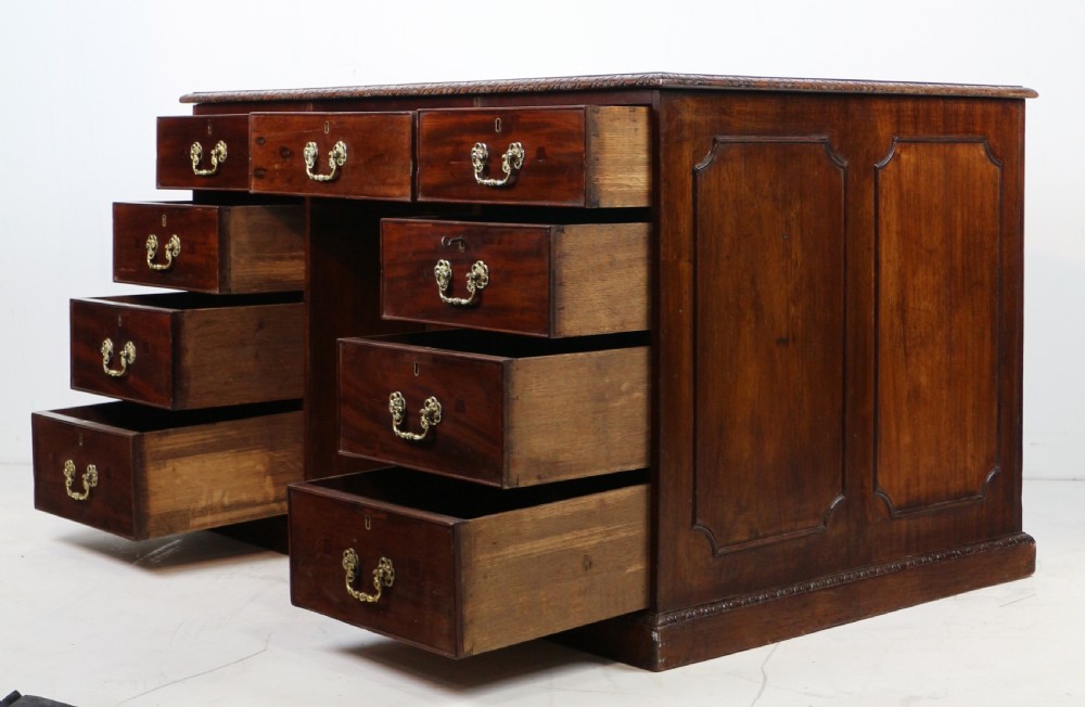 A dark mahogany kneehole library desk featuring multiple drawers with brass drop handles and panelled sides. View XXVII