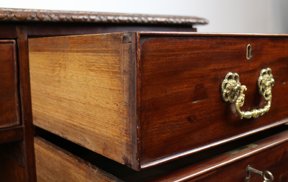 A dark mahogany kneehole library desk featuring multiple drawers with brass drop handles and panelled sides. View XXVIII