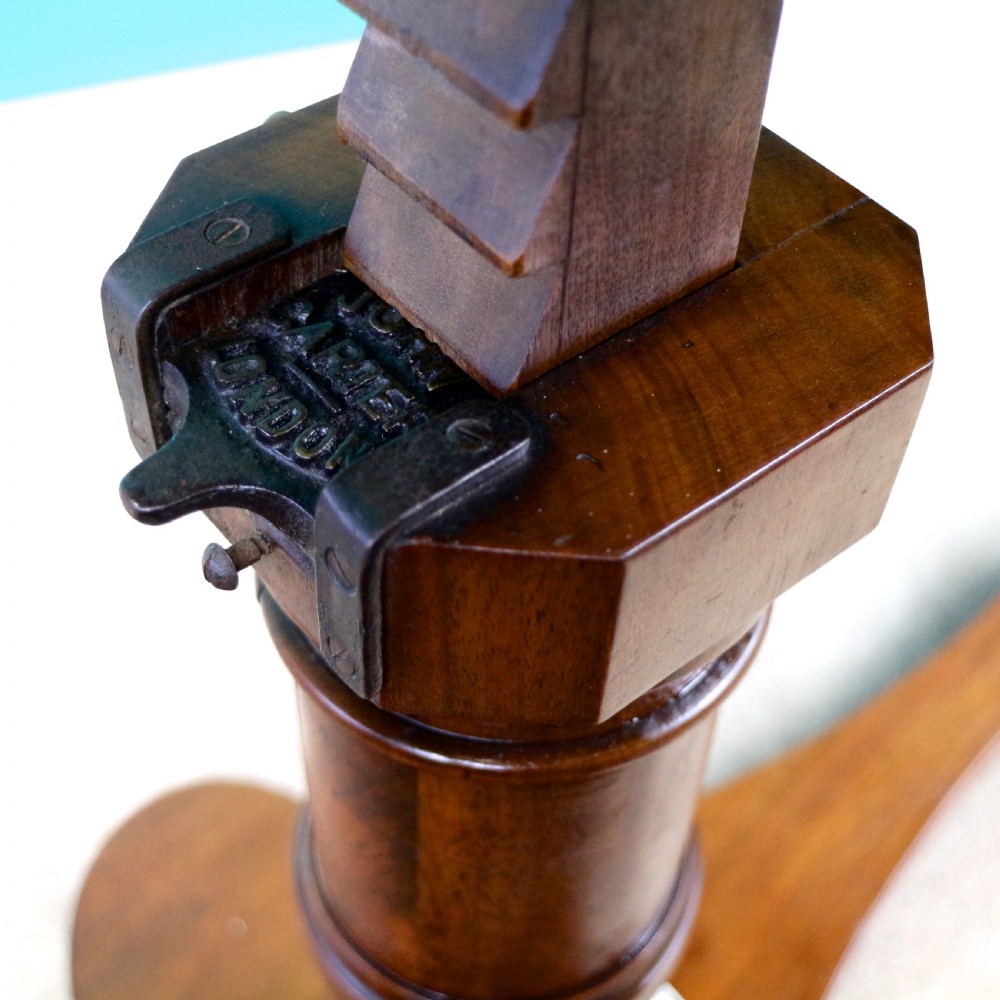 A Victorian mahogany adjustable reading table featuring a ratchet height mechanism, tilted top ledge, turned pedestal, and curved base on castors. View XVII